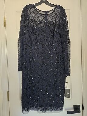 Adrianna Papell Beaded Mini Dress Midnight Blue Size 14 NWT